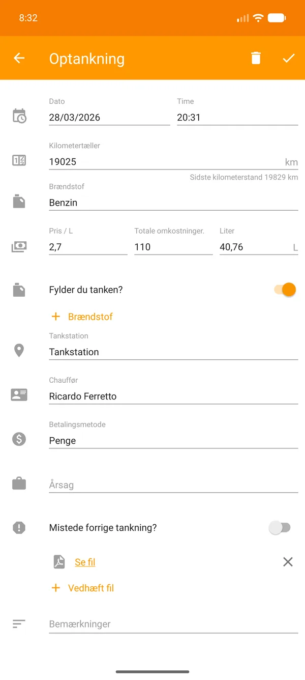 Drivvo — Registrering — Brændstofsporing