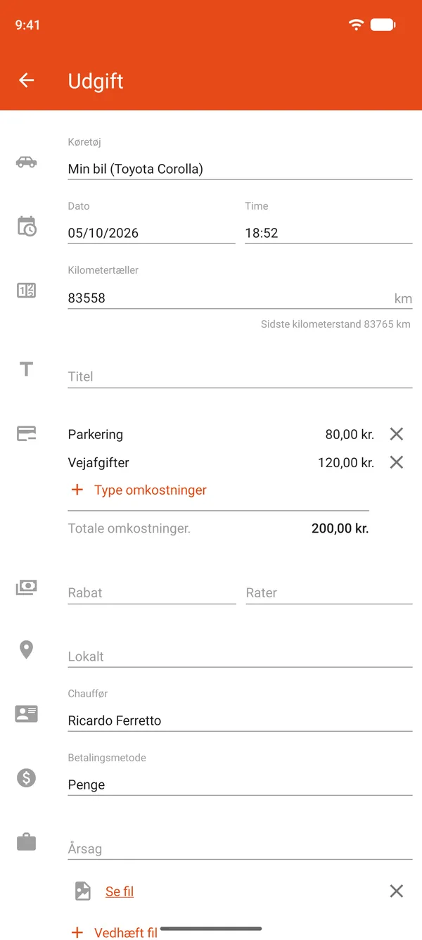 Registrering af udgift til parkering og vejafgifter med rabat og ratebetaling