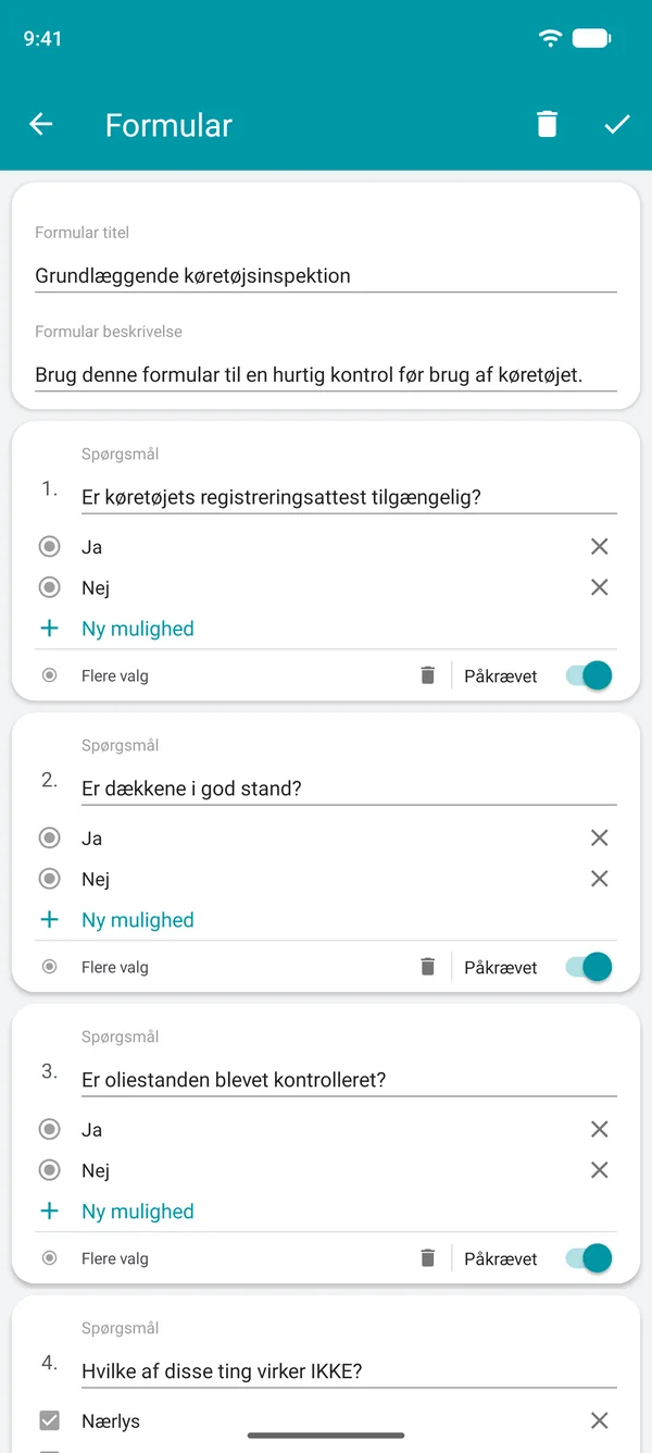 Oprettelse af en tjeklisteformular i Drivvo-appen med ja- eller nej-spørgsmål og et obligatorisk felt