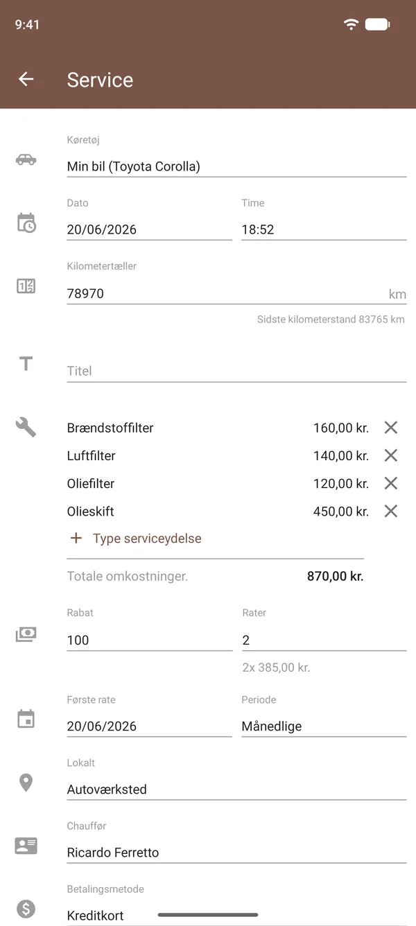 Registrering af vedligeholdelse i Drivvo med olieskift, filtre, udgifter, kilometertæller og sted