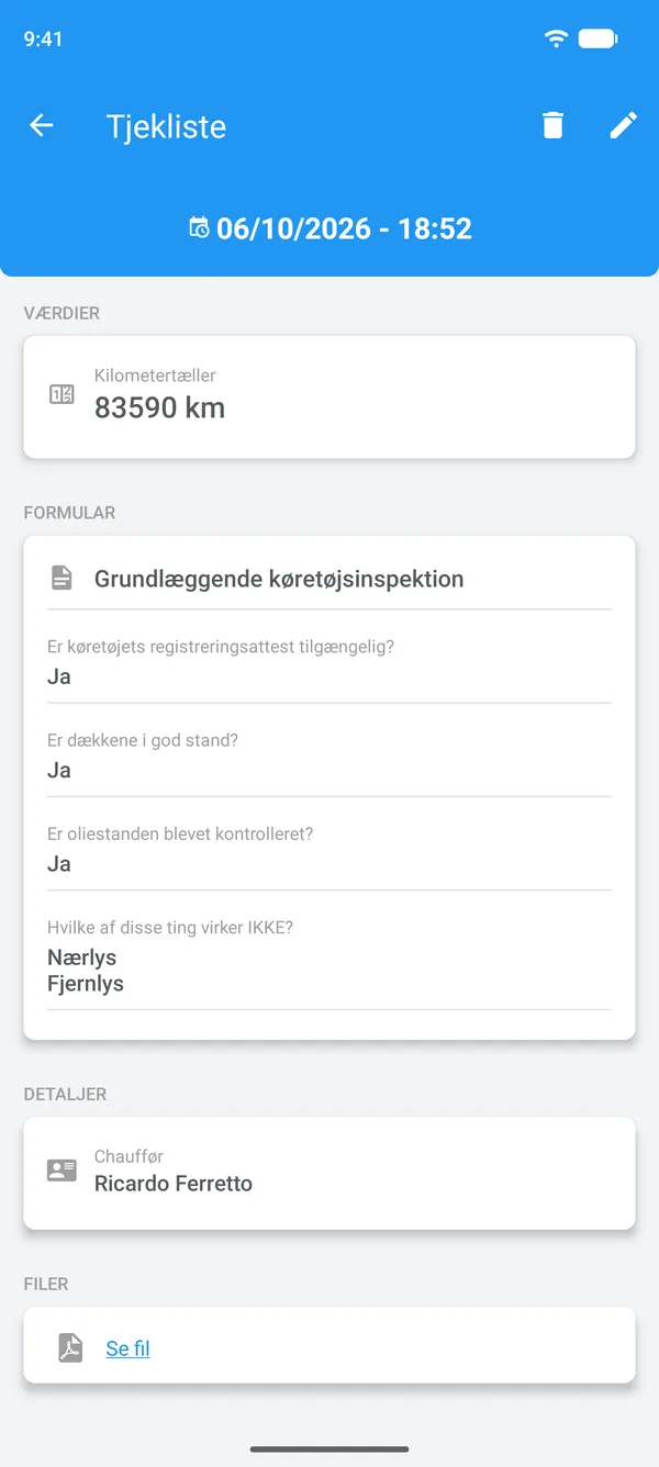 Udfyldt tjekliste i Drivvo med svar, chauffør og vedhæftet fil