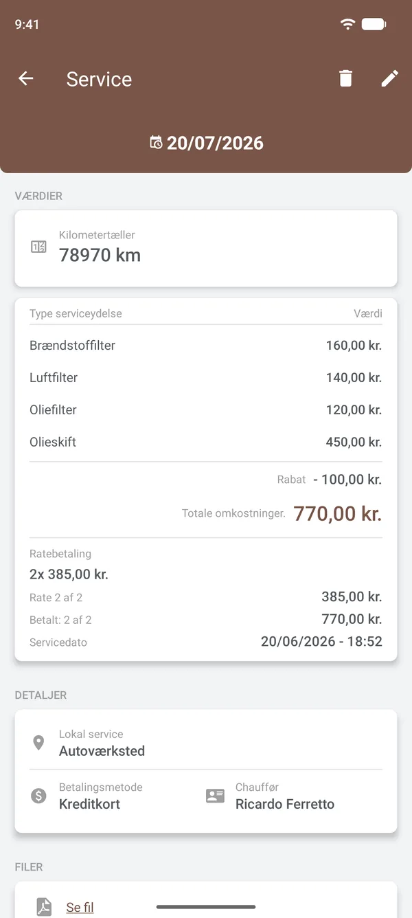 Oplysninger om vedligeholdelse med poster, rabat, afdrag, sted og chauffør