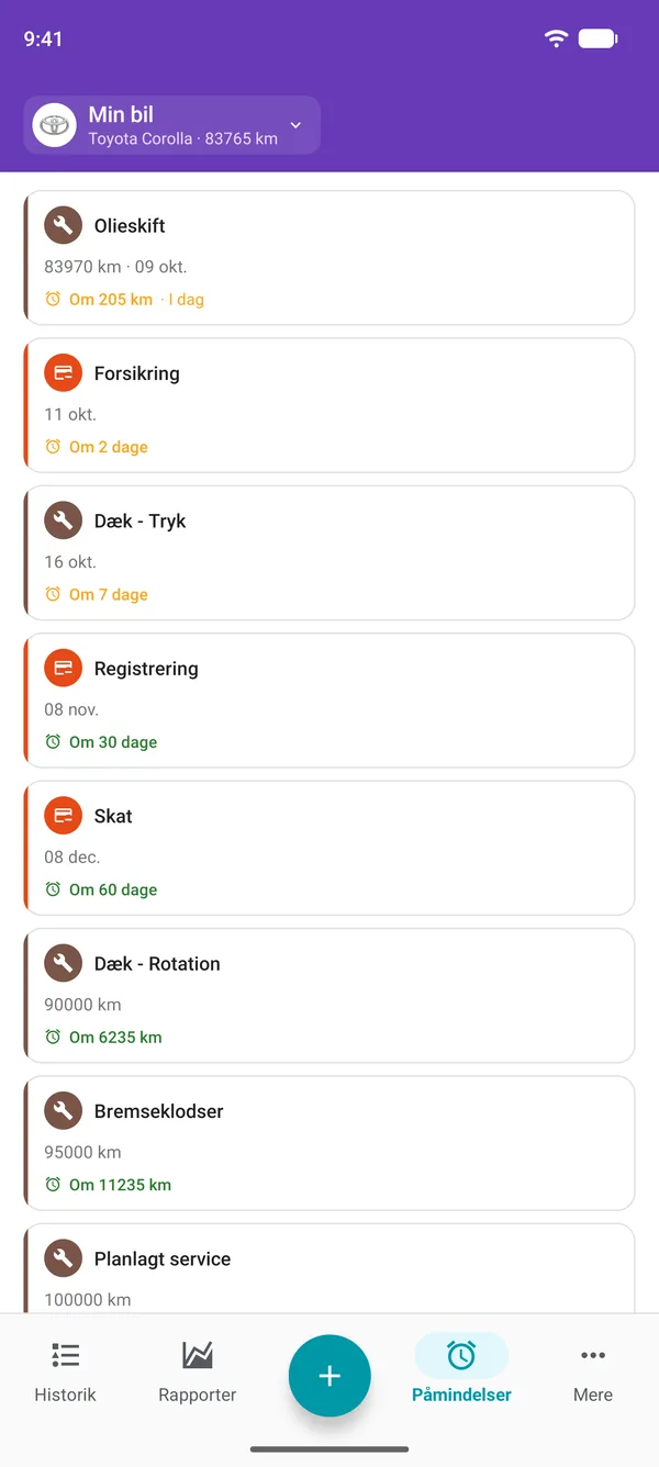 Påmindelser i Drivvo-appen om serviceeftersyn, registrering og afgifter, med tid til hver frist