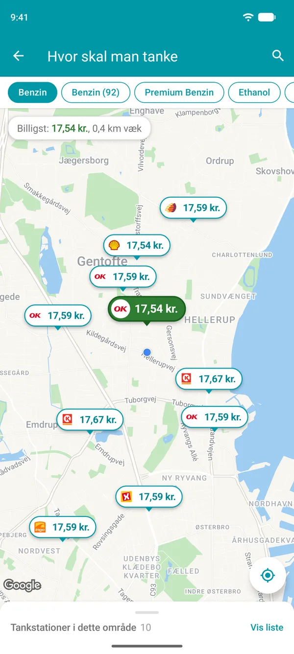 Kort i Drivvo-appen med benzinprisen på hver tankstation nær dig og den billigste markeret med grønt