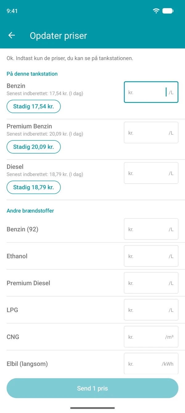 Skærmen Opdater priser i Drivvo-appen med den senest indberettede pris for hver brændstoftype og en knap til at bekræfte den