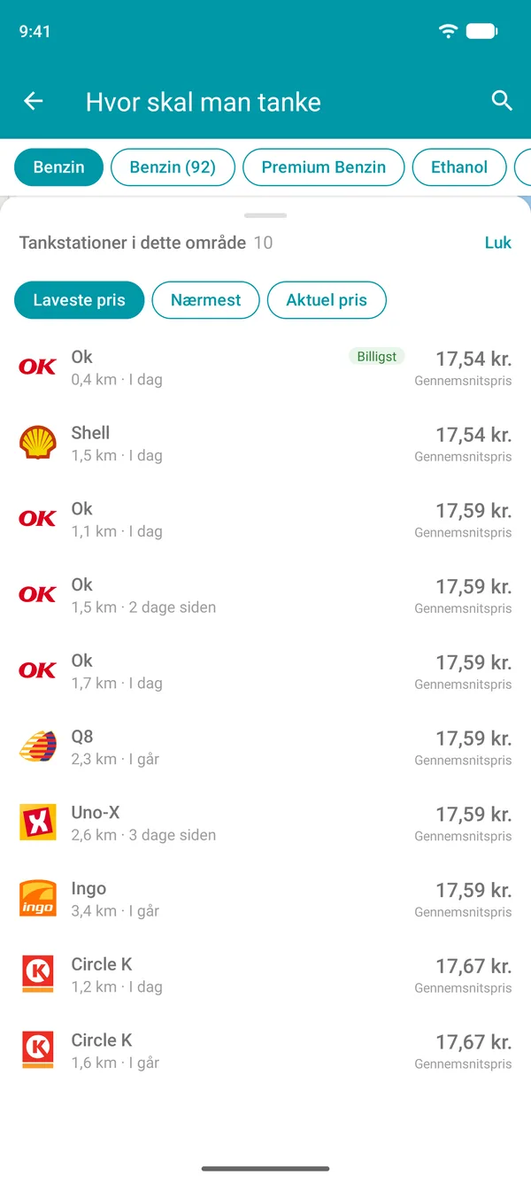 Liste over tankstationer nær dig i Drivvo-appen, sorteret fra laveste pris, med mulighed for at sortere efter afstand