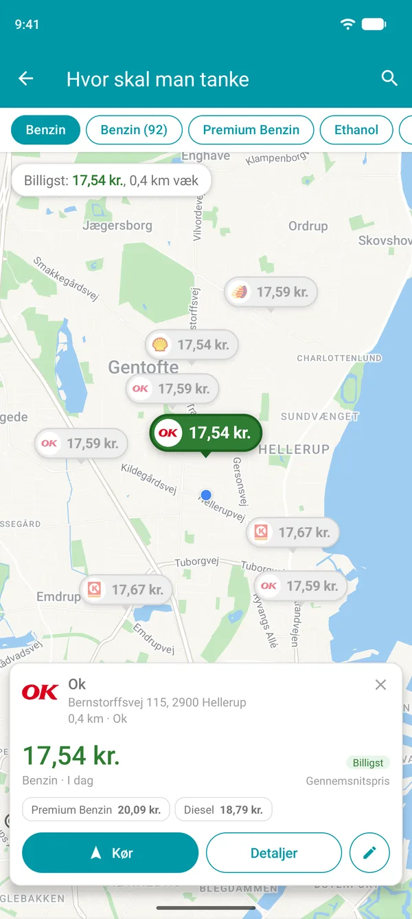 Den billigste tankstation åben i Drivvo-appen med brændstofpriser, afstand og knappen Kør