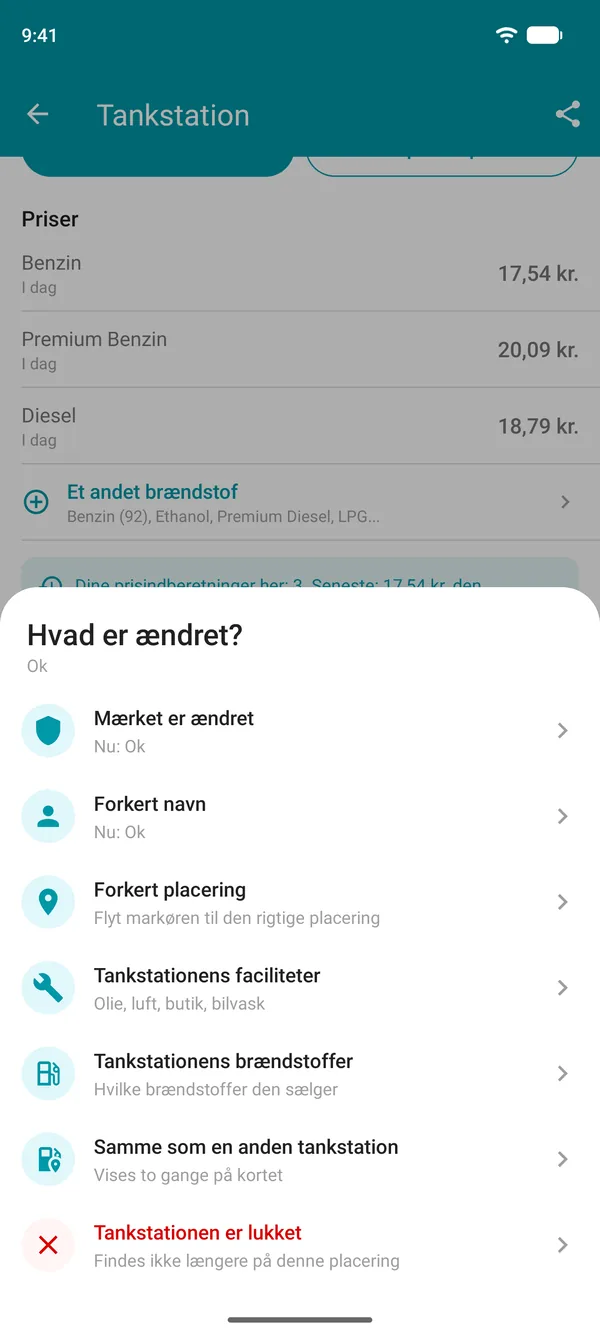 Muligheder under Foreslå en ændring i Drivvo-appen: mærke, navn, placering, faciliteter, brændstoftyper, dublet eller lukket tankstation