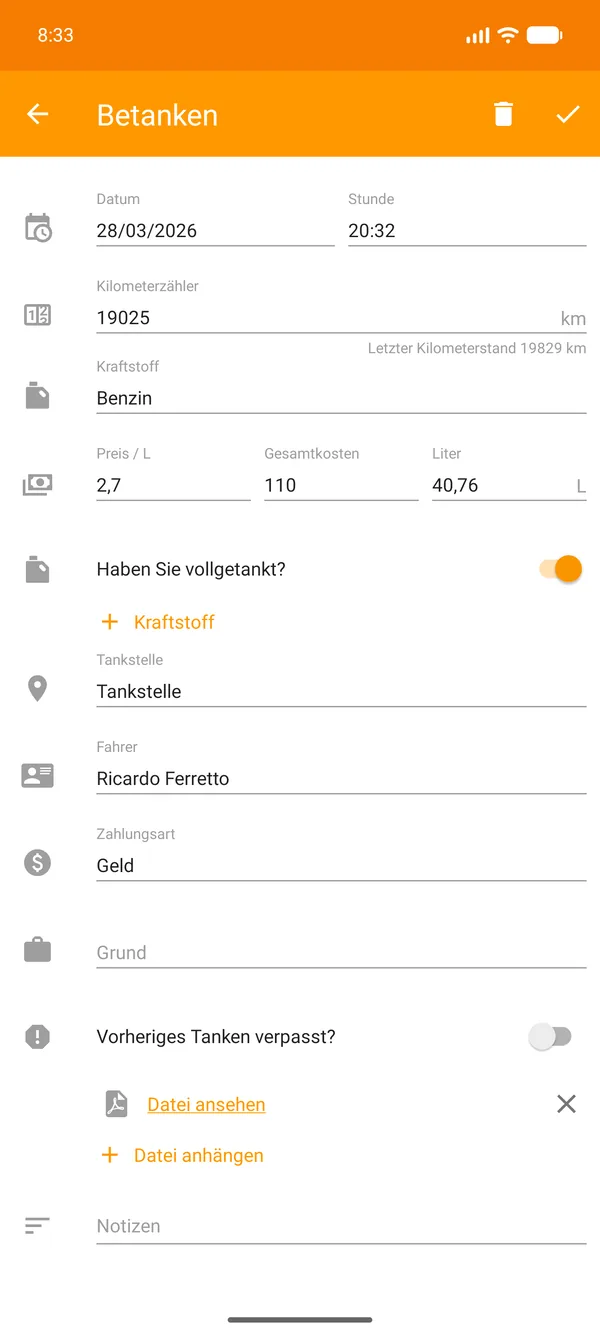 Drivvo — Registrierung — Kraftstoffverbrauch verfolgen
