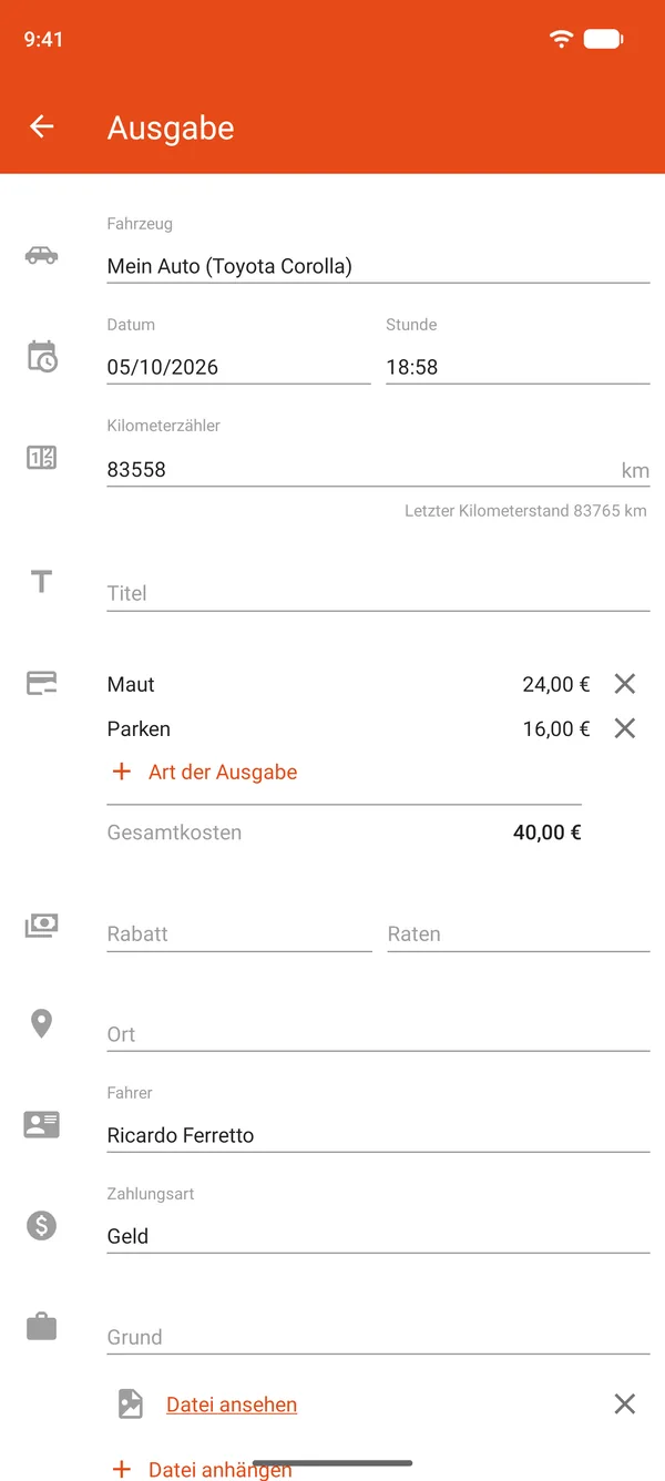 Ausgabeneintrag mit Parkgebühren und Maut, Rabatt und Ratenzahlung