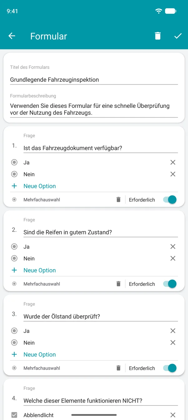 Erstellen eines Checklistenformulars in der Drivvo-App mit Ja-Nein-Fragen und einem Pflichtfeld