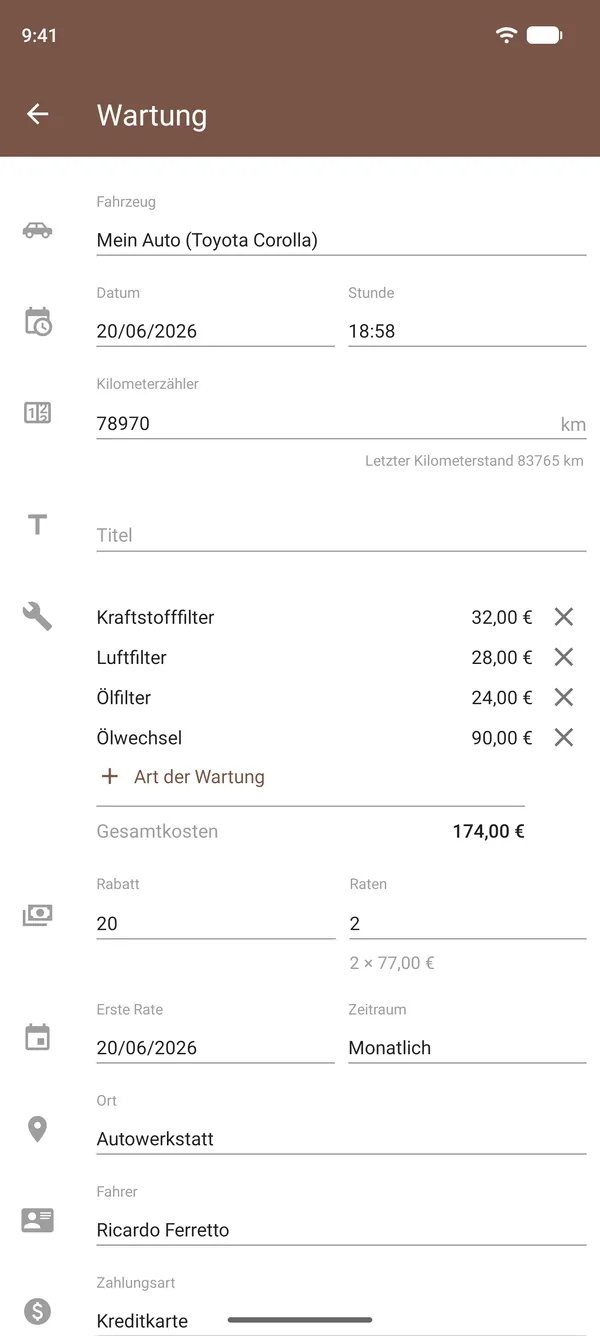 Wartungseintrag in Drivvo mit Ölwechsel, Filtern, Kosten, Kilometerzähler und Ort