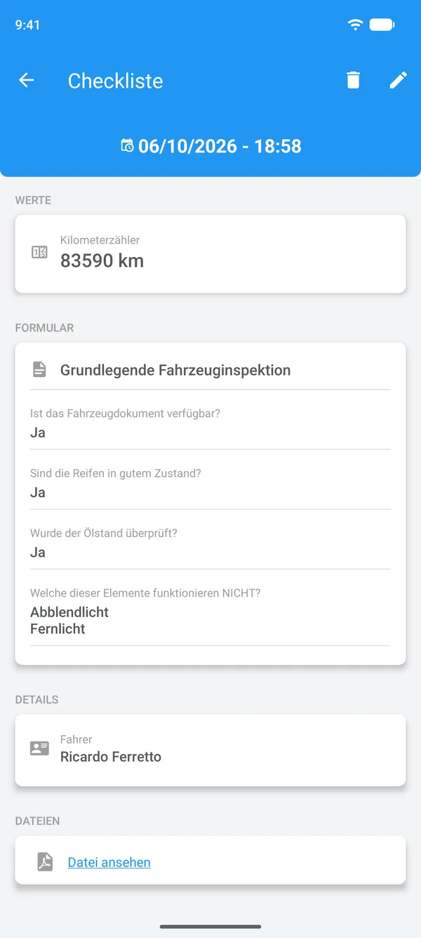 Ausgefüllte Checkliste in Drivvo mit Antworten, Fahrer und angehängter Datei