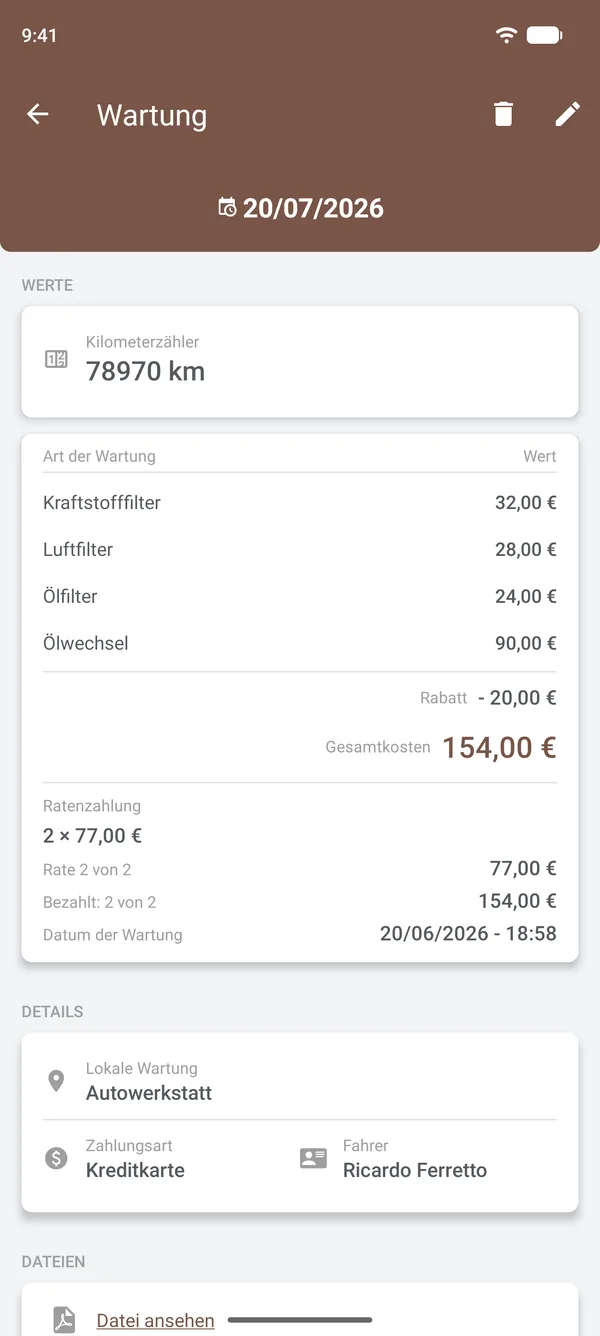 Details einer Wartung mit Positionen, Rabatt, Ratenzahlungen, Ort und Fahrer