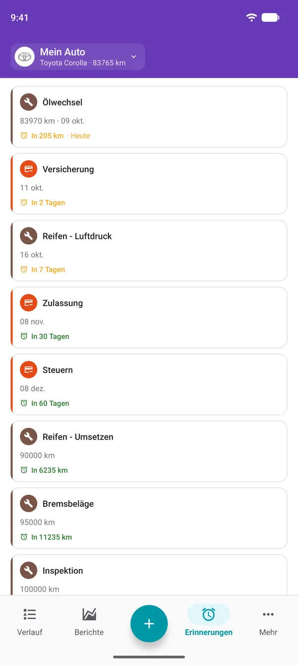 Erinnerungen in der Drivvo-App für Wartung, Zulassung und Steuern mit der Zeit bis zur jeweiligen Fälligkeit