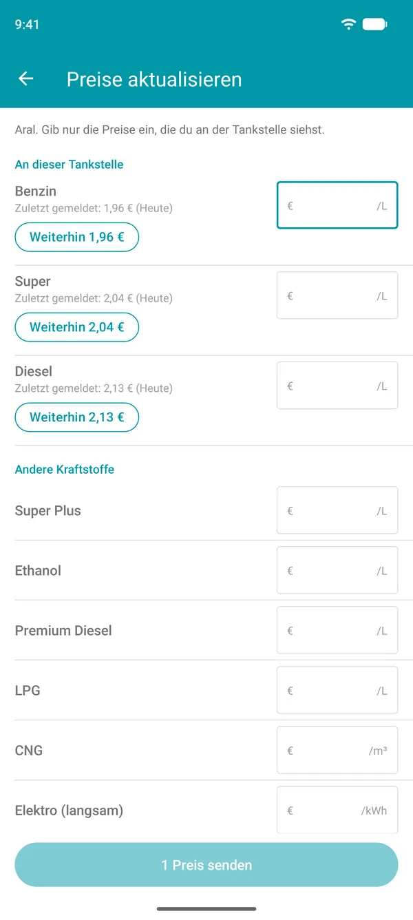 Ansicht zum Aktualisieren der Preise in der Drivvo App, mit dem zuletzt gemeldeten Preis für jeden Kraftstoff und einer Schaltfläche zum Bestätigen