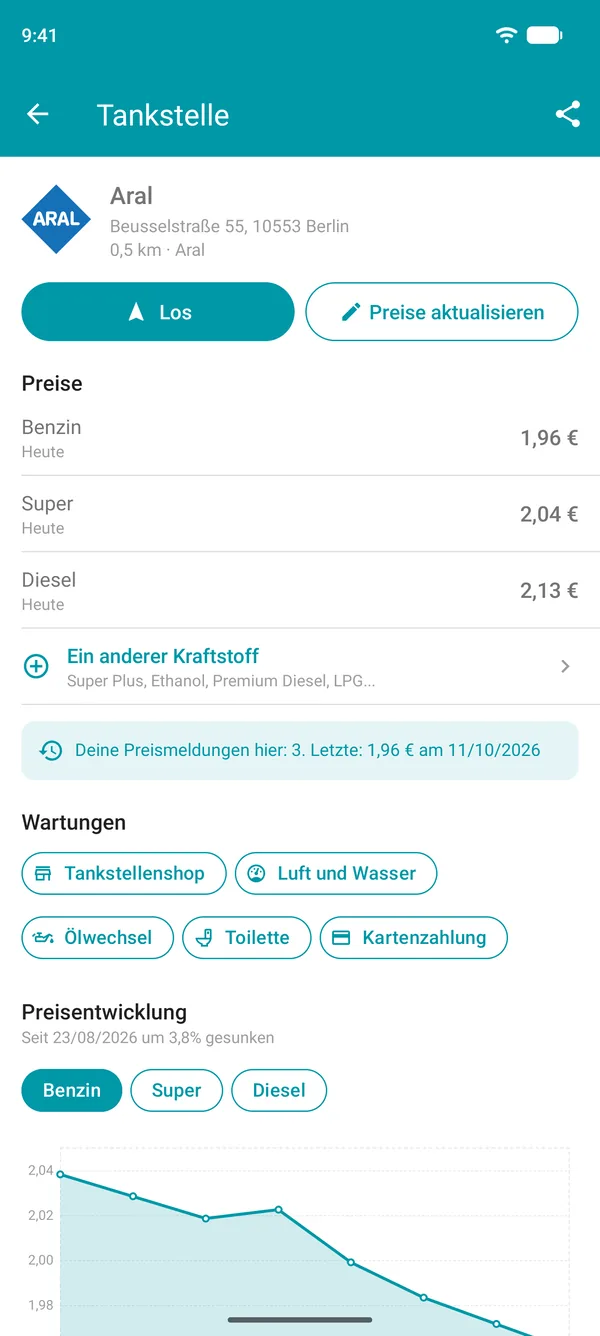 Details einer Tankstelle in der Drivvo App mit Kraftstoffpreisen, Services und einem Diagramm zum Preisverlauf