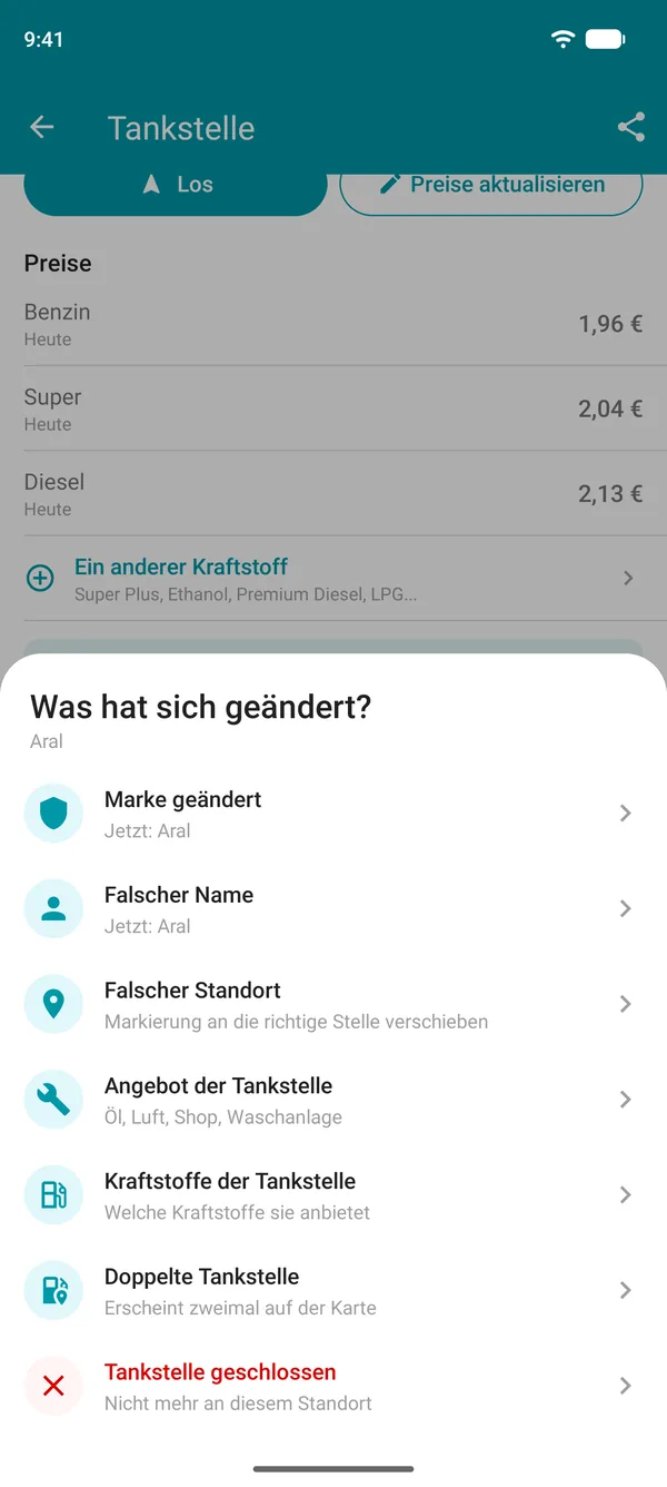 Optionen zum Vorschlagen einer Änderung in der Drivvo App: Marke, Name, Standort, Services, Kraftstoffe, doppelte oder geschlossene Tankstelle