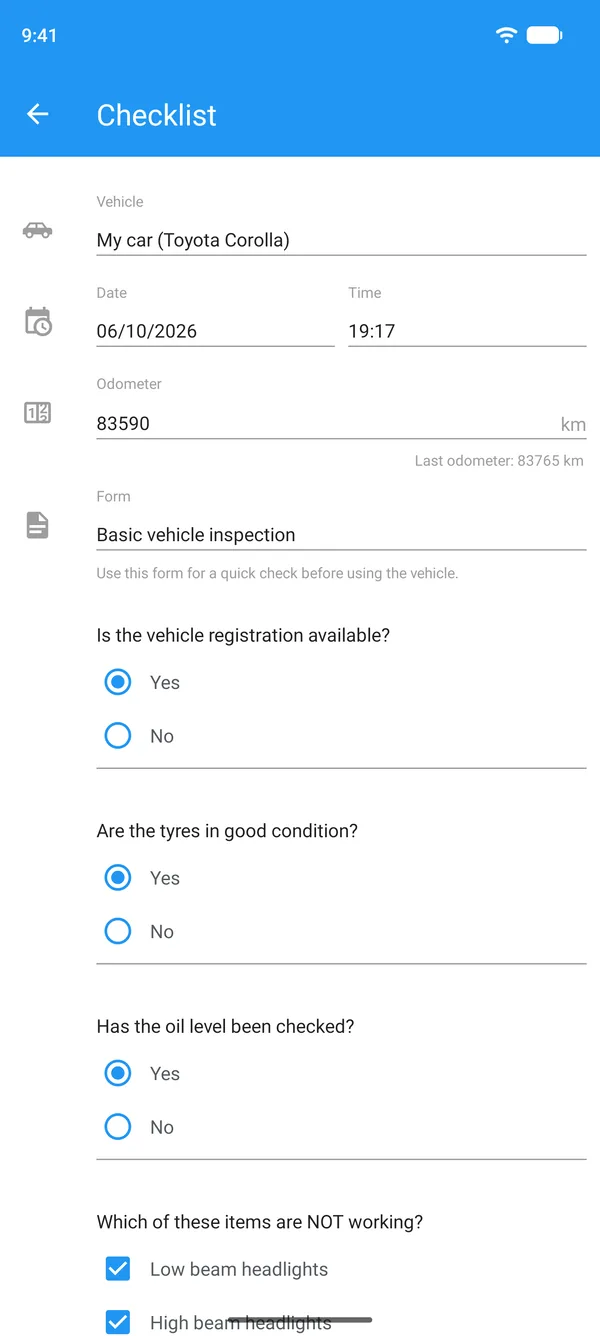 Vehicle checklist completed on a phone, showing the vehicle, odometer reading and yes or no answers