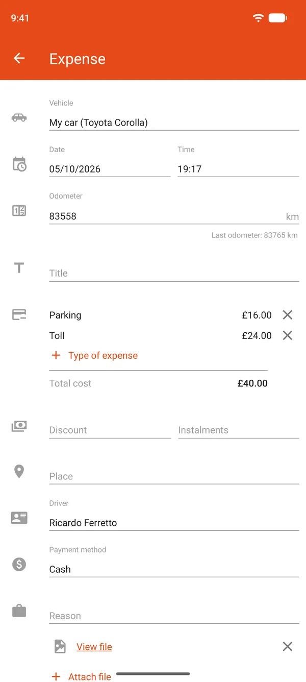 Expense entry with parking and tolls, a discount and instalments