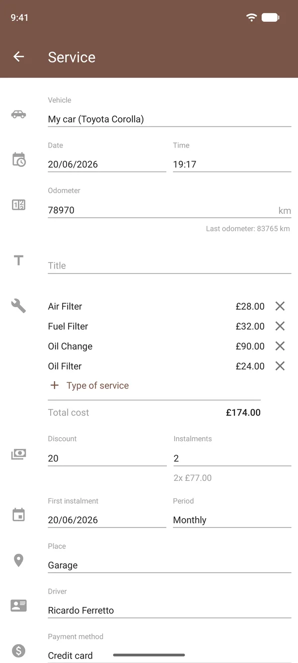 Service entry in Drivvo with an oil change, filters, costs, odometer reading and location