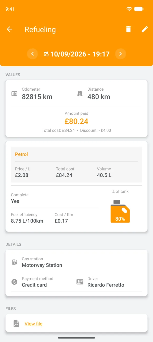 Saved fill-up showing fuel consumption, distance driven and cost per distance