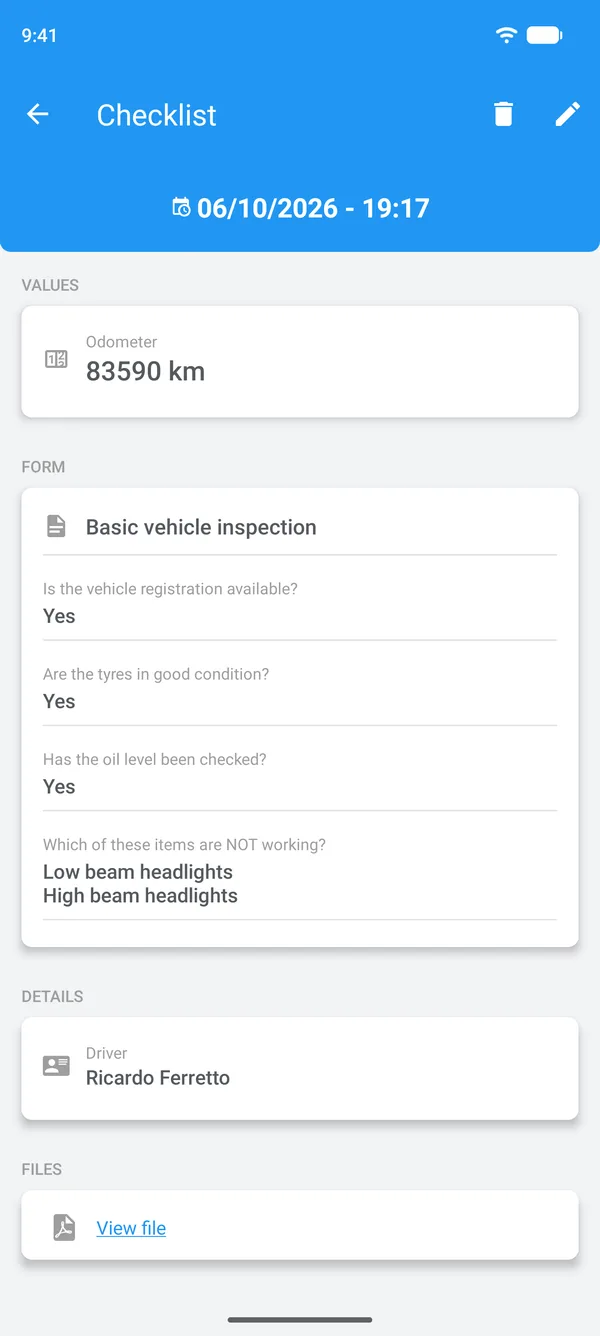 Completed checklist in Drivvo, showing the answers, driver and attached file