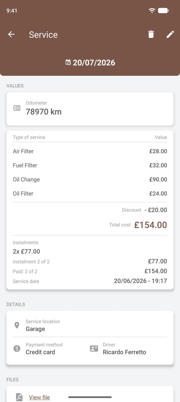 Service details with items, discount, instalments, location and driver