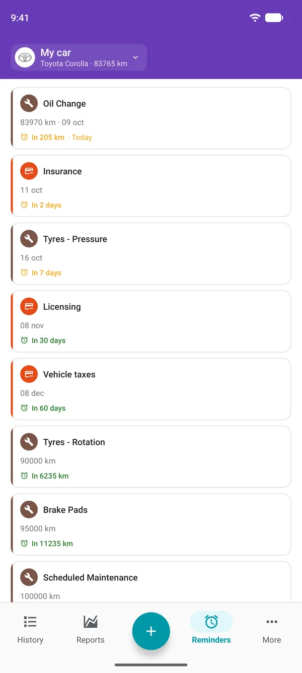 Reminders in the Drivvo app for the service, registration and taxes, with how long until each is due
