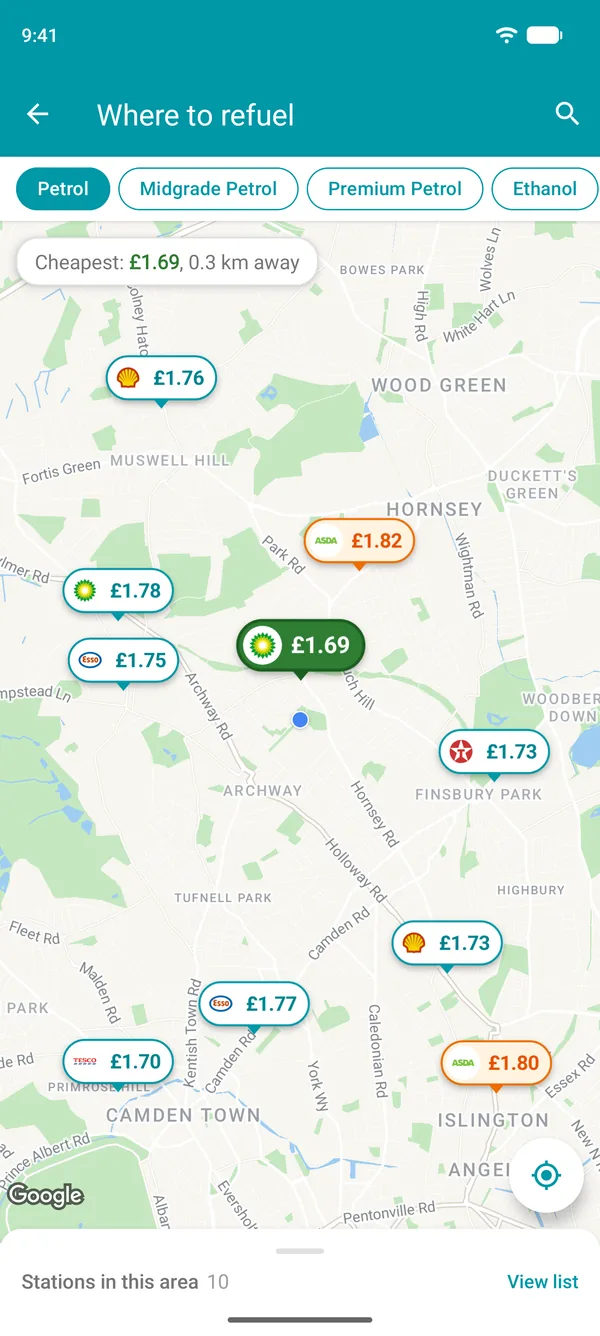 Map in the Drivvo app showing the petrol price at each station near you, with the cheapest in green