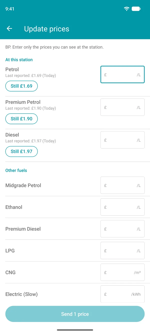 Update prices screen in the Drivvo app, with the last reported price for each fuel and a button to confirm it