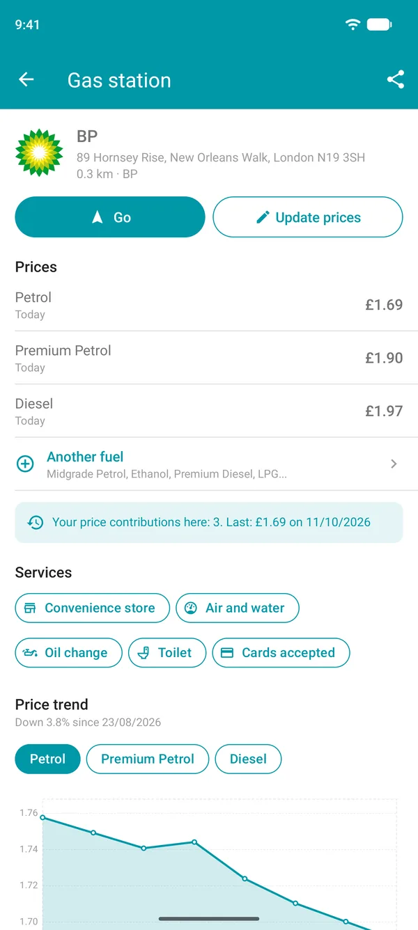 Petrol station details in the Drivvo app with fuel prices, services and a price history chart