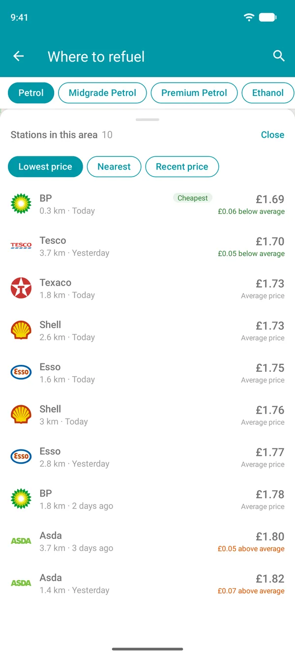 List of petrol stations near you in the Drivvo app, starting with the lowest price, with the option to sort by distance