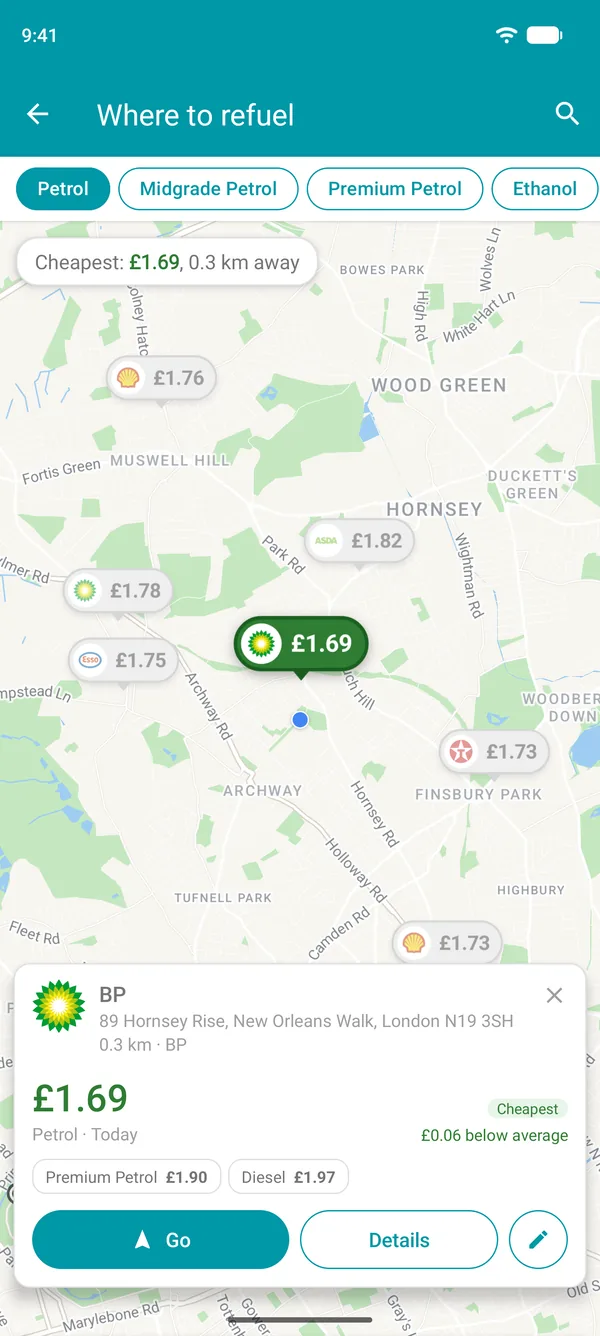 Cheapest station open in the Drivvo app, showing its fuel prices, distance and the Go button