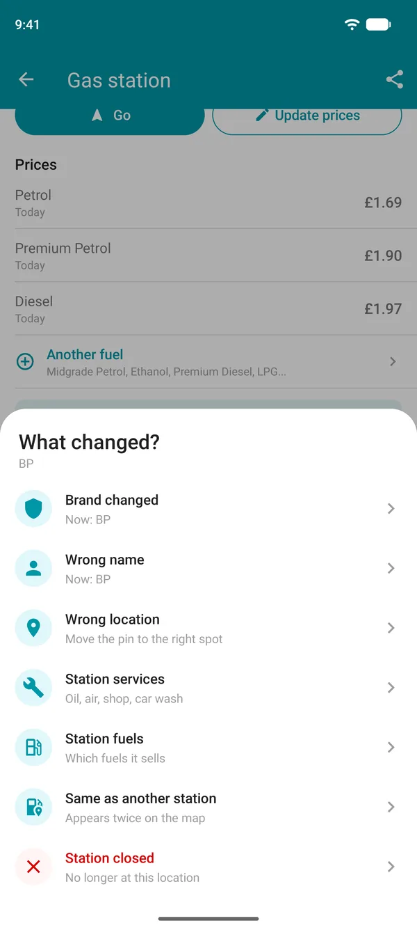 Suggest a change options in the Drivvo app: brand, name, location, services, fuels, duplicate or closed station