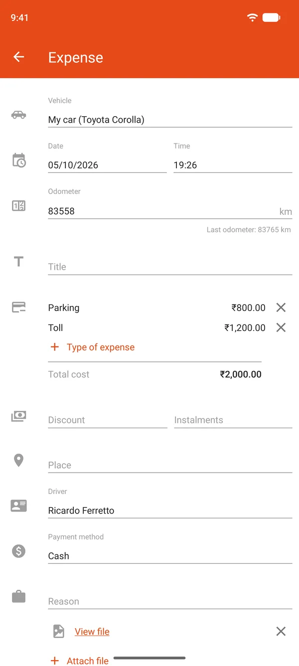 Expense entry with parking and tolls, a discount and instalments