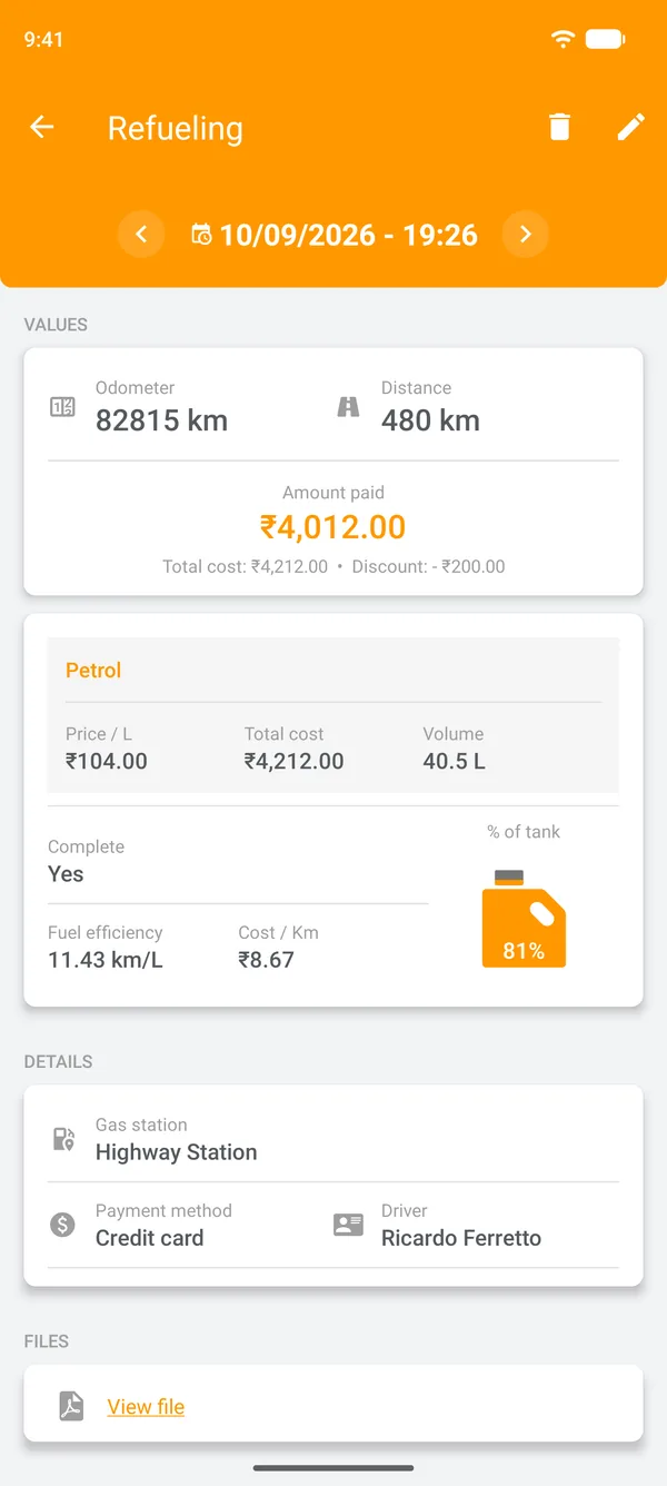Saved fill-up showing mileage, distance travelled and cost per distance