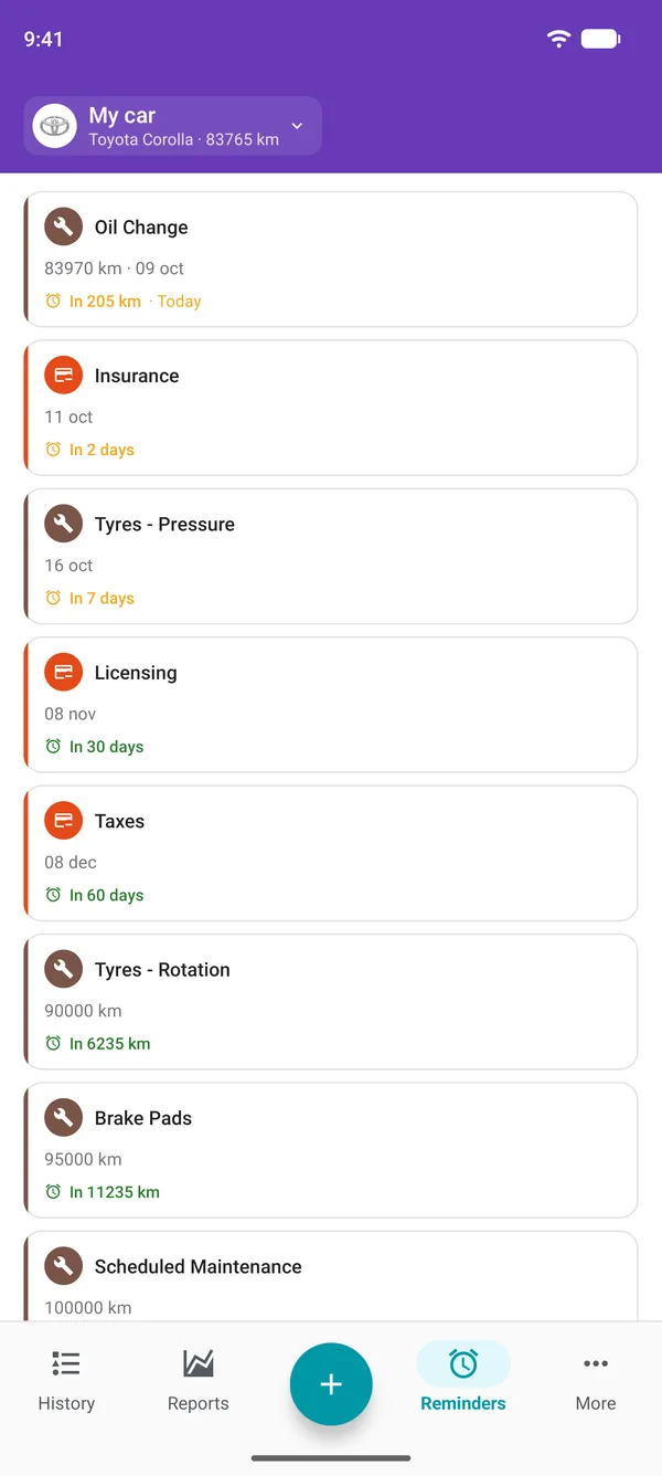 Reminders in the Drivvo app for the service, registration and taxes, with how long until each is due