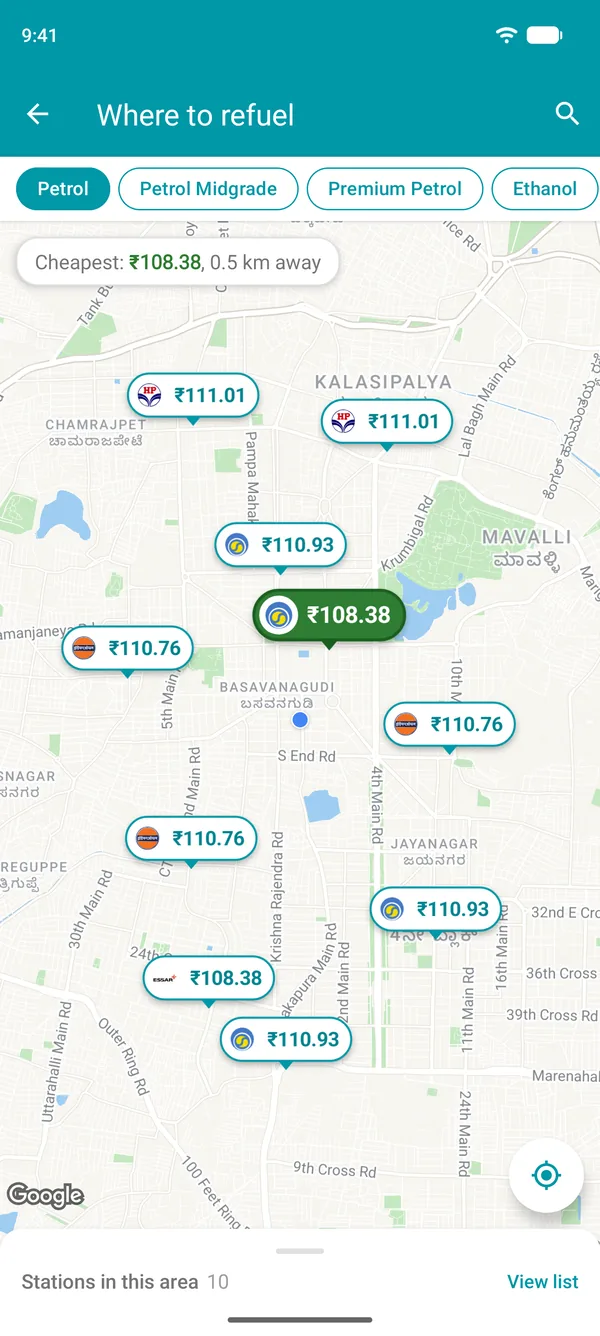 Map in the Drivvo app with the petrol price at each petrol pump near you and the cheapest in green