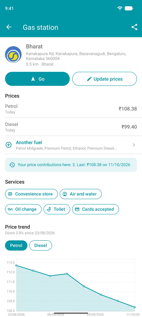Fuel station details in the Drivvo app with fuel prices, services and a price history chart