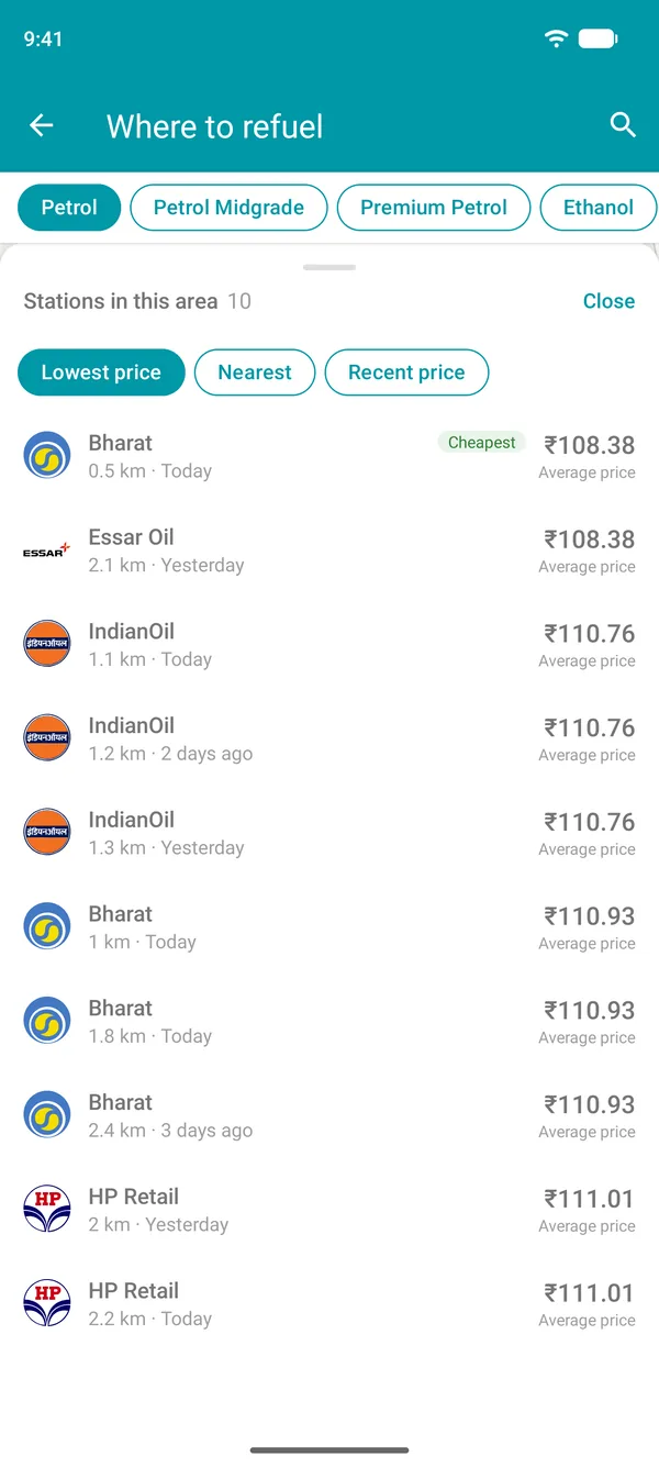 List of fuel stations near you in the Drivvo app, from lowest price upwards, with an option to sort by distance