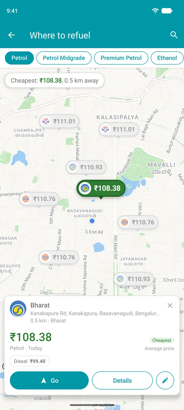 Cheapest petrol pump opened in the Drivvo app, with its fuel prices, distance and the Go button