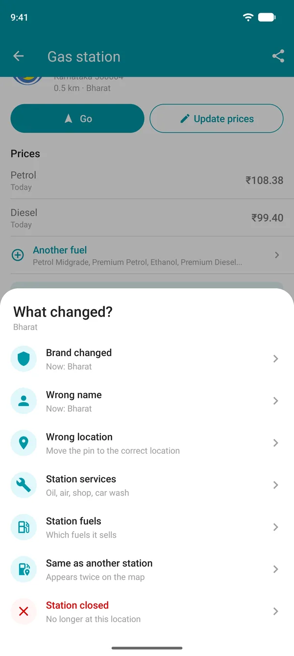 Suggest a change options in the Drivvo app: brand, name, location, services, fuels, duplicate or closed station