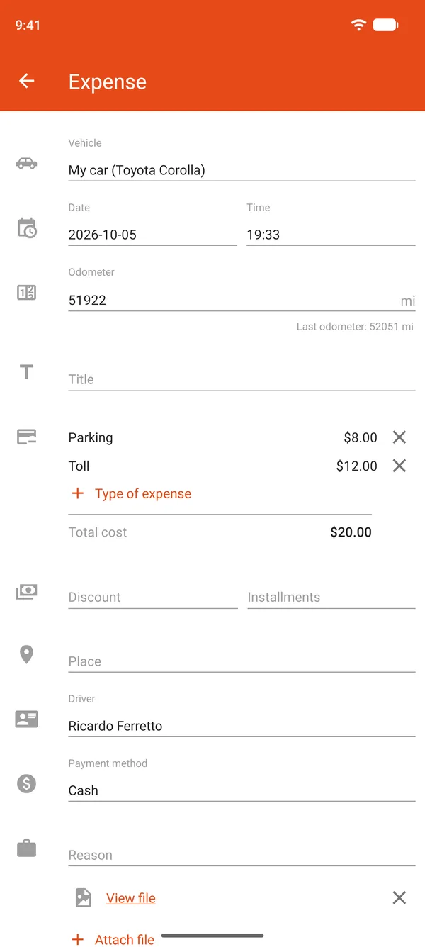 Expense entry for parking and tolls, with a discount and installment payments