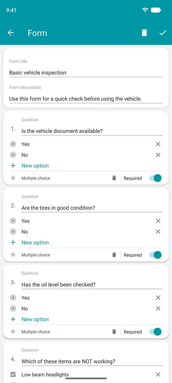 Building a checklist form in the Drivvo app, with yes or no questions and a required field