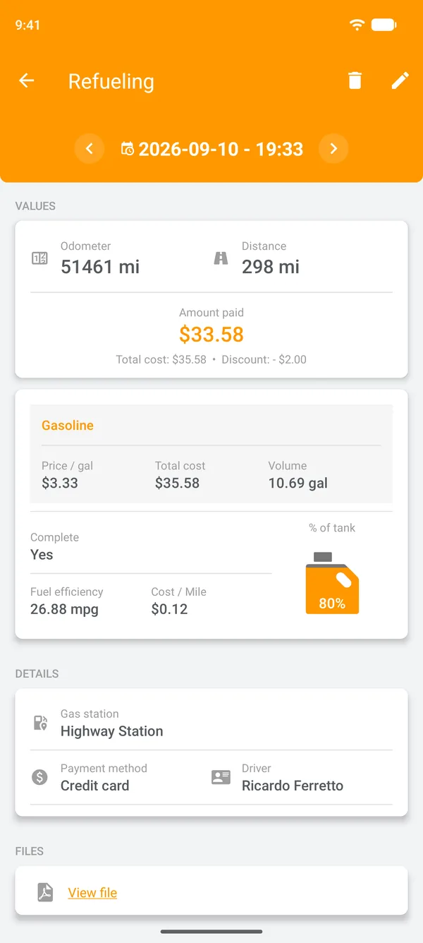 Drivvo: Details, Refueling