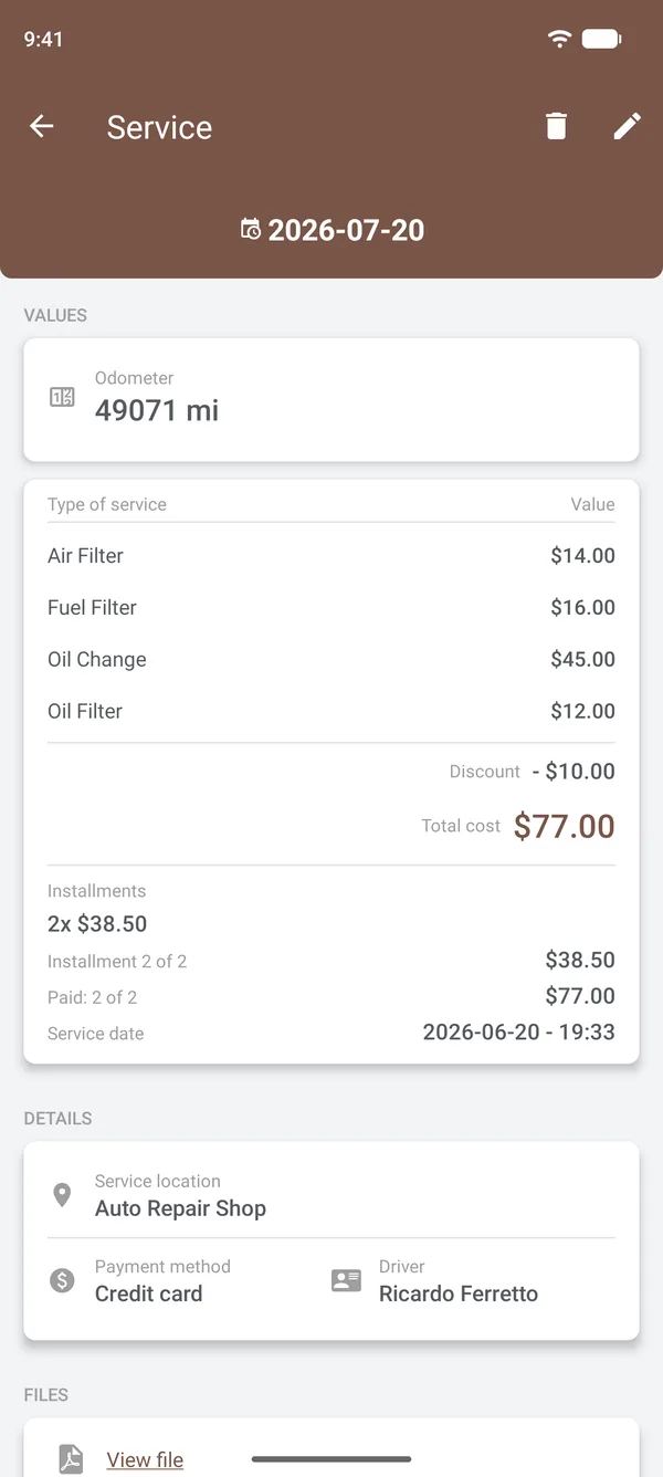 Details of a service with the items, discount, installments, place and driver