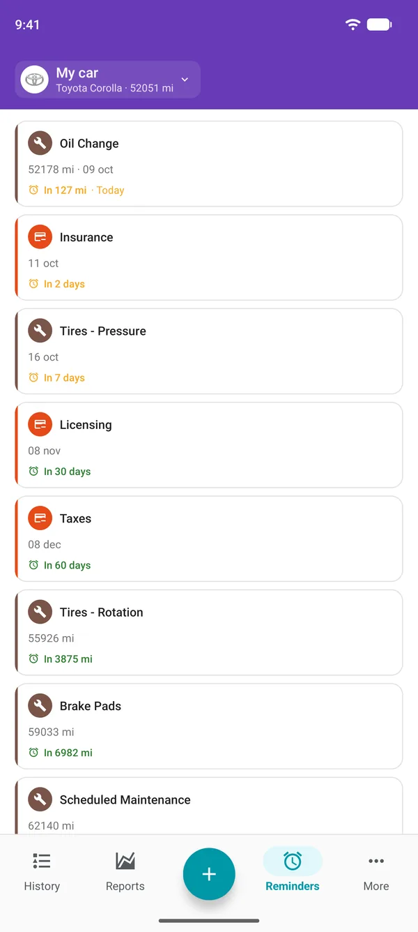 Reminders in the Drivvo app for the service, registration and taxes, with how long until each is due