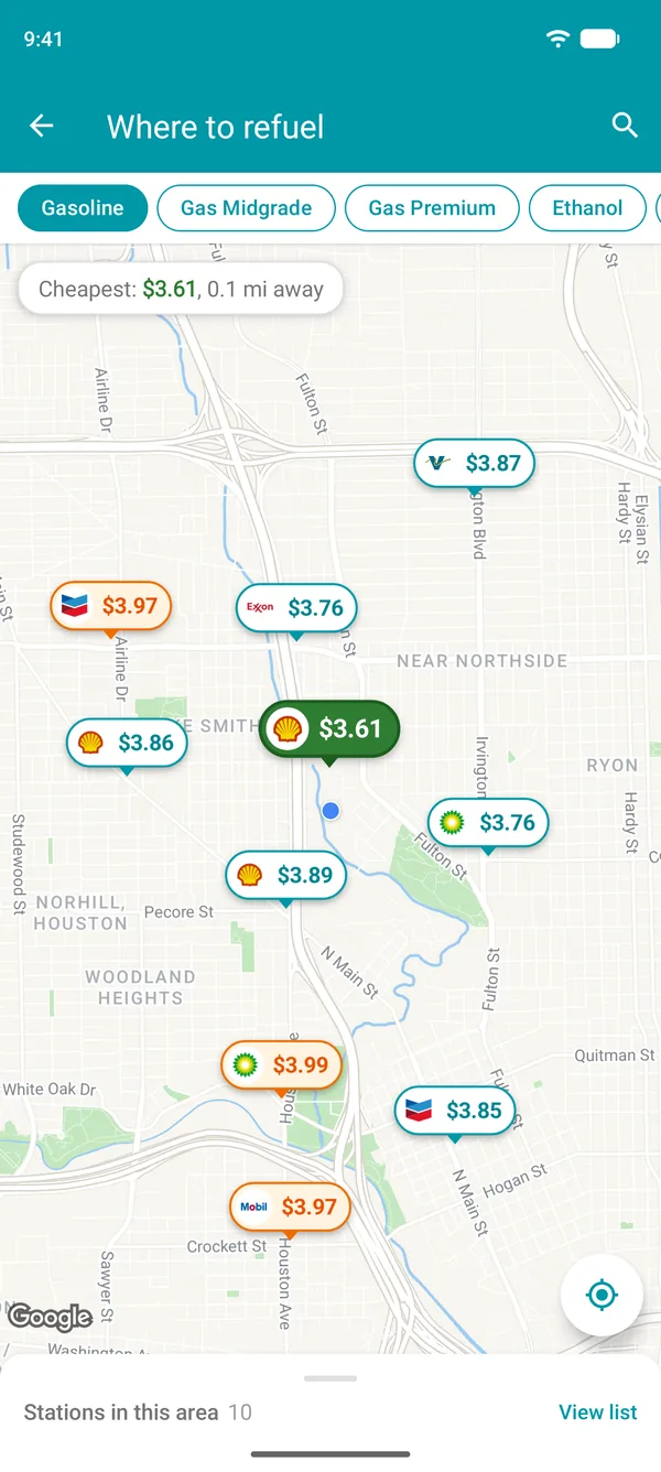 Map in the Drivvo app with the gasoline price at each gas station near you and the cheapest in green