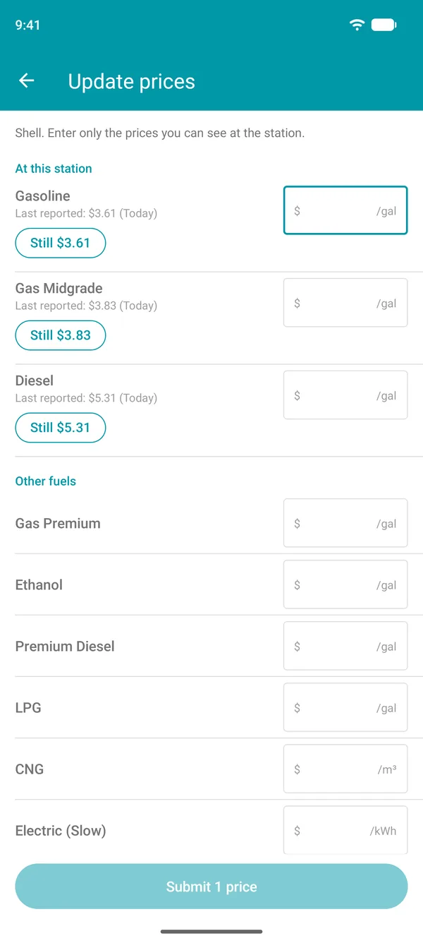 Update prices screen in the Drivvo app, with the last reported price of each fuel and a button to confirm it